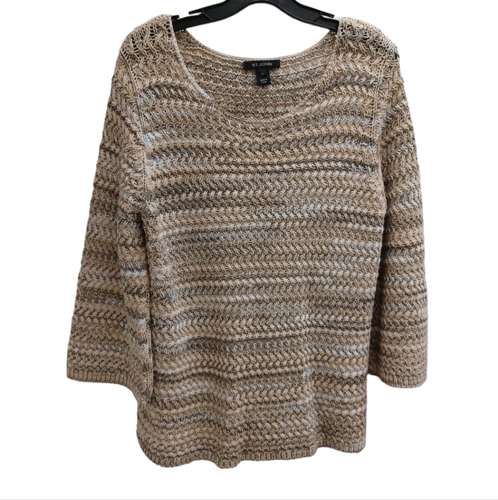 St. John knit Scoop Neck Sweater Women Size L Variegated 3-Tone:Tan,whit…